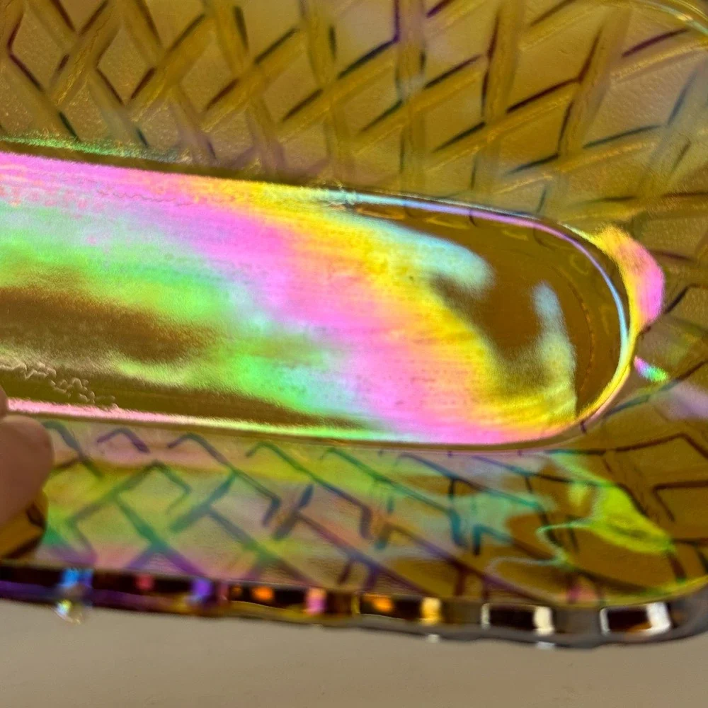Vintage Amber Iridescent Glass Relish Dish Serving Tray Textured Embossed Retro